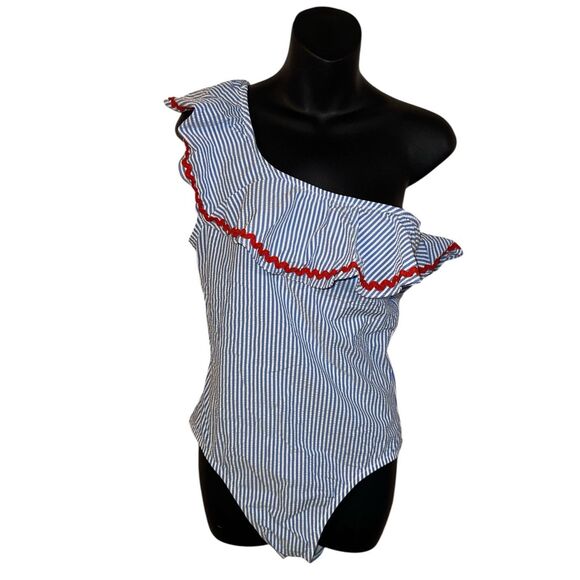 NEW WITH TAGS WOMEN *NEW* J.Crew Blue White Seersucker ONE- SHOULDER RUFFLE Stri - Picture 5 of 11